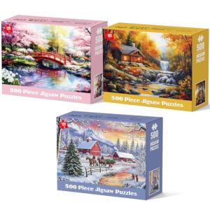 3 Pack 500 Pieces Puzzles for Adults, Spring Autumn Winter Puzzle for Adults Elderly, Colorful 4 Seasons Jigsaw Puzzle, Recycled Paper Puzzle 500 Pieces, Family Activity Game Nights Gifts 20.5x15 in