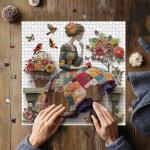 Floral Muse Jigsaw Puzzle 1000 Pieces for Adults, Patchwork Quilting Art Puzzle with Flowers Birds,Woman Flower Garden Themed, Handmade Style Sewing Puzzle Challenge