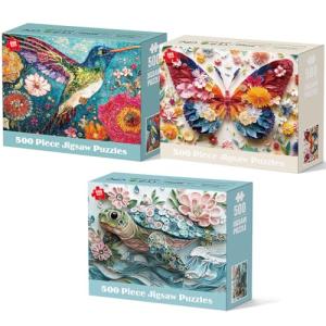 3 Pack 500 Piece Puzzles for Adults, Colorful Butterfly Flower Turtle Hummingbird Puzzle for Adults Seniors, Unique Jigsaw Puzzle, Challenging Family Games Gifts for Friends Men Women 20.5 * 15In