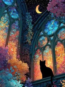Teemosreal Puzzles for Adults 1000 Pieces, Stained Glass Cat Fantasy Night Moon Scene, Challenging Puzzle Game with Poster, Matte Finish, Interlock Perfectly Frameable Wall Decor Gift