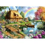 Cottage Lake Scene 1000 Piece Jigsaw Puzzle for Adults Swan Rainbow Flowers House Garden Landscape Challenging Family Puzzle Perfect for Game Nights (27.5"X19.6")