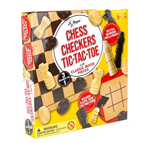 Wooden Reversible Board Game Set - Chess, Checkers, Tic-Tac-Toe