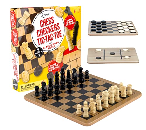 Wooden Reversible Board Game Set - Chess, Checkers, Tic-Tac-Toe