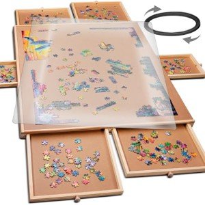 PlayVibe Puzzle Locker 1500 Piece Puzzle Board with Drawers and Cover - Sturdy Jigsaw Table Solve Station with 6 Drawers 27" x 35" - Portable Wooden Jigsaw Tray Accessories