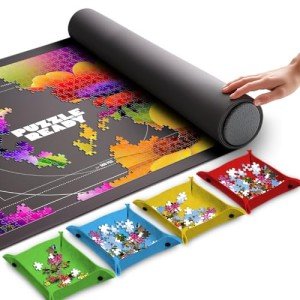 Puzzle Ready Jigsaw Puzzle Mat Roll-Up - 46″ x 29.5″ for 1500 Pieces - Portable Puzzle Board with 4 Sorting Trays, Storage Bag, Foam Roller, 3 Hook & Loop Fastener Straps