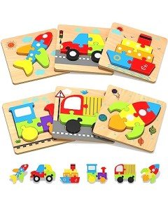 Yetonamr Wooden Toddler Puzzles Gifts Toys for 1 2 3 Years Old Boys Girls, 6 Vehicle Shape Montessori Toys Educational Blocks Easter Basket Stuffers Kids Gift Baby Learning Toy Age 1-3, 2-4