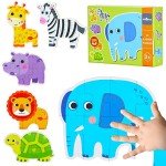 FLYINGSEEDS 6 Packs Safari Animals Shaped Wooden Jigsaw Puzzles for Toddlers Ages 1-3, Level-up Puzzles for Beginner, Montessori Learning Toys Preschool Educational Activity for Kids Ages 2-5