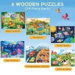 BenBen Puzzles for Kids Ages 4-6, 6 Pack 24 Piece Wooden Jigsaw Puzzles for Toddlers Ages 3-5, Preschool Learning Educational Toys for Boys Girls