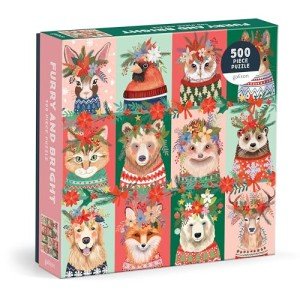 Galison Furry and Bright – 500 Piece Jigsaw Puzzle Featuring Adorable Portraits of Furry Friends Festooned for The Holidays