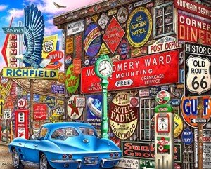Springbok's Route 66 Nostalgic 2000 Piece Adult Jigsaw Puzzle Featuring Retro Signage and Classic Cars - Ribbon Cut Pieces