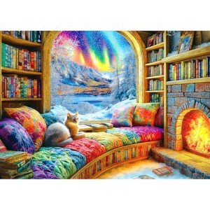 Northern Lights Landscape Jigsaw Puzzles for Adults Fantasy Fairy Cat 1000 Piece Book Room Puzzle for Adults with Letters on Back Challenging Family Puzzle