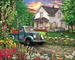 Springbok's Simpler Times 2000 Piece Puzzle for Adults Featuring a Charming Rural Scene Including an Old Farm House with a Classic Pickup Truck - Ribbon Cut Pieces