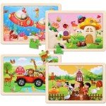 Wooden Puzzles Toys for Kids Ages 3-5, Set of 4 Packs with 20-Piece Farm, Animals Theme Wood Jigsaw Puzzles, Preschool Educational Brain Teaser Toys for Boys and Girls 3-6 Years Old.