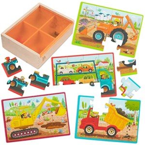 B. toys – Wooden Puzzle Set – Car Carrier, Loader, Excavator, Dump Truck – 12-Piece Jigsaw Puzzles For Kids – 3 Years + – Pack o' Puzzles - Trucks