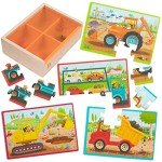 B. toys – Wooden Puzzle Set – Car Carrier, Loader, Excavator, Dump Truck – 12-Piece Jigsaw Puzzles For Kids – 3 Years + – Pack o' Puzzles - Trucks