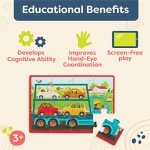 B. toys – Wooden Puzzle Set – Car Carrier, Loader, Excavator, Dump Truck – 12-Piece Jigsaw Puzzles For Kids – 3 Years + – Pack o' Puzzles - Trucks