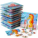 GRINNNIE Wooden Puzzle for Toddlers 3 4 5 Years Old, 12 PCS Jigsaw Ocean Animals Puzzles Preschool Learning Toys for Travel or Car, Birthday for Boys and Girls
