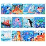 GRINNNIE Wooden Puzzle for Toddlers 3 4 5 Years Old, 12 PCS Jigsaw Ocean Animals Puzzles Preschool Learning Toys for Travel or Car, Birthday for Boys and Girls
