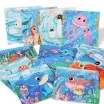 GRINNNIE Wooden Puzzle for Toddlers 3 4 5 Years Old, 12 PCS Jigsaw Ocean Animals Puzzles Preschool Learning Toys for Travel or Car, Birthday for Boys and Girls