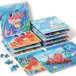 GRINNNIE Wooden Puzzle for Toddlers 3 4 5 Years Old, 12 PCS Jigsaw Ocean Animals Puzzles Preschool Learning Toys for Travel or Car, Birthday for Boys and Girls
