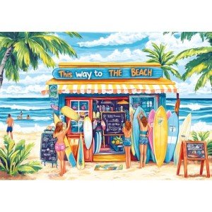 2000 Piece Puzzle for Adults – Colorful Beach Shop with Surfboards and Ocean View – Vibrant Hand-Drawn Style, Challenging Jigsaw Puzzle – 39 x 28 Inches