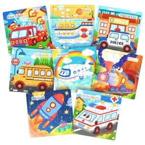 Zeoddler Wooden Puzzles for Toddlers, 8 Pack Vehicle Jigsaw Puzzles for Kids3-5, 9 Pieces Preschool Learning Activities, Learning & Educational Toys, Gift for Boys, Girls