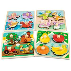 Funsland Wooden Toddler Puzzles - 4 Pcs Eco-Friendly Animal Patterns Jigsaw With Handles - Infant Kid Fine Motor Skill Learning Educational Montessori Toys for 1-3 Years Old