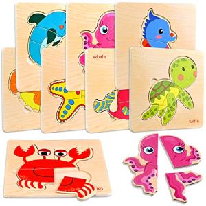 Faburo 8pcs Wooden Puzzles for Toddlers 1-3, Toddler Puzzles Ages 2-4, Montessori Toys for 1-3+ Years Girl Boy, Sea Animal Puzzle for Kids, Jigsaw Puzzle Educational Toys Preschool for 1-4