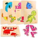 Faburo 8pcs Wooden Puzzles for Toddlers 1-3, Toddler Puzzles Ages 2-4, Montessori Toys for 1-3+ Years Girl Boy, Sea Animal Puzzle for Kids, Jigsaw Puzzle Educational Toys Preschool for 1-4