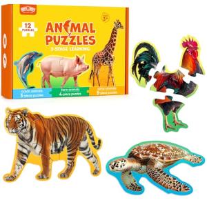 BenBen Puzzles for Toddlers 2-4,12 Animal Puzzles, 3 Levels Step-by-Step Color-Coded Jigsaw Puzzles, 48 Pieces Total, Educational Montessori Toys for Preschool Girls Boys