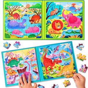Magnetic Puzzles for Kids Ages 3-5, Two-Book Set, Dinosaur Animal Jigsaw Puzzle Magnet Books Travel Games Montessori Preschool Learning Activities Toddler Toys for 3 4 5 6 Year Old Boys Girls