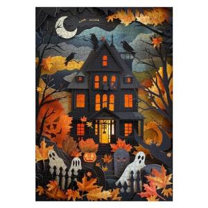 Halloween Puzzles Paper Cut Art Puzzle 1000 Pieces for Adults, Horror Jigsaw Puzzle Scary House, Ghost Autumn Collage Puzzle for Family Decorations