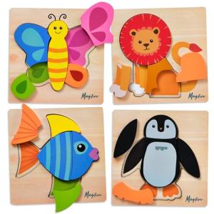 MAGIFIRE Wooden Puzzles for Toddlers 1-3 - 4-Pack Set - Shape Recognition Play & Wooden Toys for 1 Year Old - Festive Fun & Toddler Gifts
