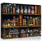 Magic Bookshelf Puzzles for Adults 1000 Pieces, Vintage Book Wildflower Pages Jigsaw Puzzle 1000 Pieces, Plant Floral Potion Mushroom Puzzle, Retro Challenging Hard Puzzle for Book Lovers