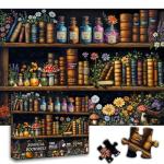 Magic Bookshelf Puzzles for Adults 1000 Pieces, Vintage Book Wildflower Pages Jigsaw Puzzle 1000 Pieces, Plant Floral Potion Mushroom Puzzle, Retro Challenging Hard Puzzle for Book Lovers