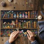 Magic Bookshelf Puzzles for Adults 1000 Pieces, Vintage Book Wildflower Pages Jigsaw Puzzle 1000 Pieces, Plant Floral Potion Mushroom Puzzle, Retro Challenging Hard Puzzle for Book Lovers