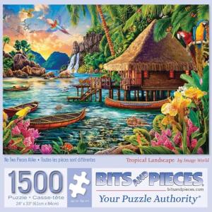 Bits and Pieces 1500 Piece Puzzles for Adults - Large 24" x 33" Large Jigsaw Puzzles 1500 Pieces Tiki Hut Polynesian Lagoon, Random Die Cut, No 2 Pieces Alike, Tropical Landscape