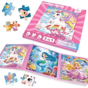 Magnetic Puzzles for Toddlers Ages 3-5, Unicorn Mermaid Princess Magnetic Puzzles for Kids Ages 4-6, Travel Jigsaw Puzzles Toys for Car Airplane Road Trip Activities Game, Girls Birthday Gifts
