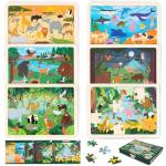 BONNYCO Wooden Puzzles for Kids Ages 4-6 and 3-5. Set of 6 Jigsaw Puzzles 24 Pieces with Board, Animals from Diverse Ecosystems. Educational Toys, Learning Gifts for Boys, Girls