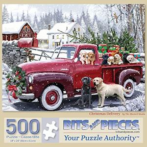 Bits and Pieces 500 Piece Puzzles for Adults - Large 15" x 19" Jigsaw Puzzles 500 Pieces Red Truck Presents Dogs, Random Die Cut, No 2 Pieces Alike, Christmas Delivery
