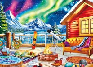 500 Piece Puzzles for Adults Clearance - Winter Jigsaw Puzzles - Northern Lights Lounge Cabin
