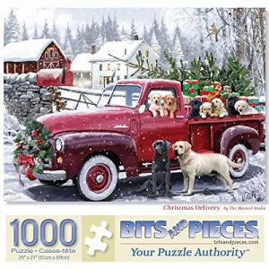 Bits and Pieces 1000 Piece Puzzles for Adults - Large 20" x 27" Jigsaw Puzzles 1000 Pieces Red Truck Presents Dogs, Random Die Cut, No 2 Pieces Alike, Christmas Delivery