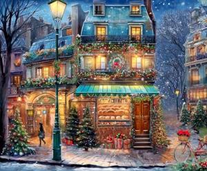 Springbok's Winter Wonderland Cafe 500 Piece Jigsaw Puzzle is a Picturesque Holiday Scene of a Cosy Cafe in The City