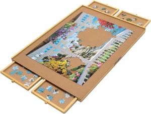 Bits and Pieces Jigsaw Puzzle Board with Drawers, Puzzle Board 1000 Pieces, 22 Inch x 30 Inch Wooden Tray Table with 4 Organizing Piece Sorting Trays, Portable, Easy Storage for Puzzles