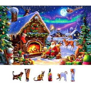 MINIWAN Christmas 500 Piece Jigsaw Puzzle for Adults - 23x15 Inch Santa Claus Reindeer Aurora Borealis Cabin with Unique Shaped Pieces, Home Decor
