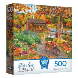 RoseArt - Bigelow Illustrations - Harvest at The Cabin 500 Piece Jigsaw Puzzle - Autumn Scene Puzzle for Adults