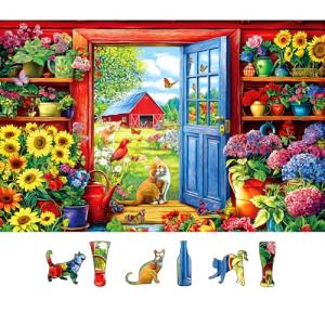 MINIWAN 500 Piece Jigsaw Puzzle for Adults - Country Garden with Cats & Sunflowers, 23x15 Inch Unique Art Puzzle with Shaped Pieces
