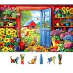 MINIWAN 500 Piece Jigsaw Puzzle for Adults - Country Garden with Cats & Sunflowers, 23x15 Inch Unique Art Puzzle with Shaped Pieces