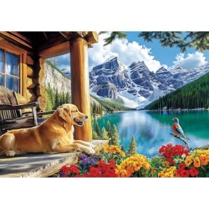 2000 Piece Puzzle for Adults, Serene Mountain Cabin with Golden Retriever, Wildflowers & Lakeside Landscape, Vibrant Jigsaw Puzzle, for Nature and Dog Lovers, 39" x 28"