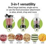 Hamilton Beach Blender for Shakes and Smoothies & Food Processor Combo, With 40oz Glass Jar, Portable Blend-In Travel Cup & 3 Cup Electric Food Chopper Attachment, 700 Watts, Gray & Black (58163)